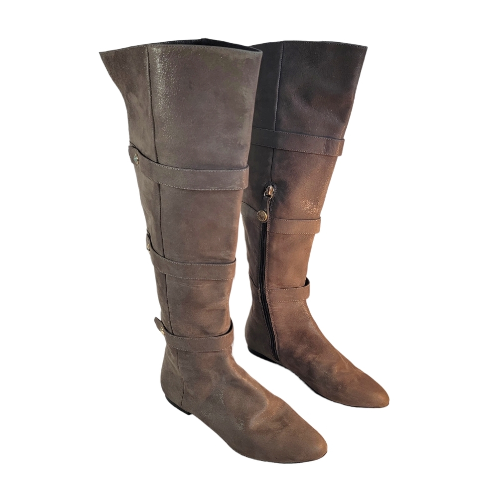 Isola Adora Carbon Brown Metallic Leather Knee High Cuffed Fashion Boot Size 7.5